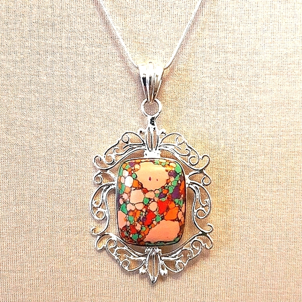 💐 Artfully Designed, Handmade, Reconstituted Stone Composite, Silver Pendant